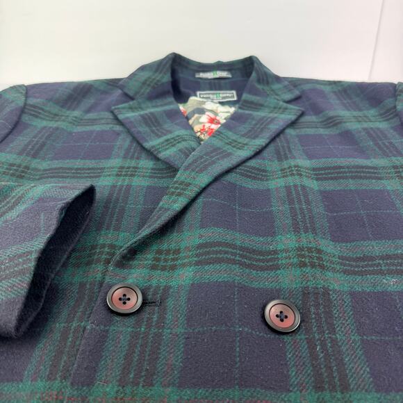 PAISLEY & GRAY XL WOOL TARTAN PLAID NAVY GREEN DOUBLE BREASTED LONG Men OVERCOAT - Picture 6 of 14